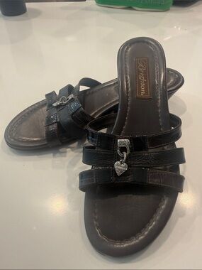 Brighton Black Leather Slide Sandals with Silver Heart Charm